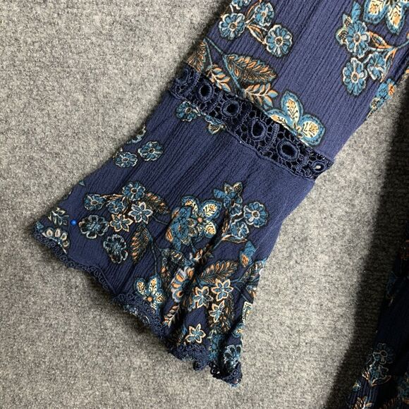 Altar’d State A Line Dress M Boho Blue Floral Bell Sleeves Crochet Cut Out Neck - Picture 5 of 16